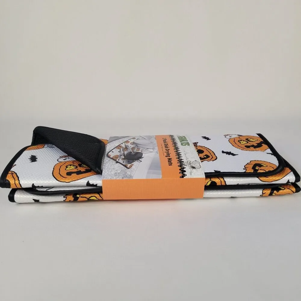 2pk Peanuts Snoopy Dish Drying Mats 16”x18” Halloween Jack-O-Lanterns Bats White